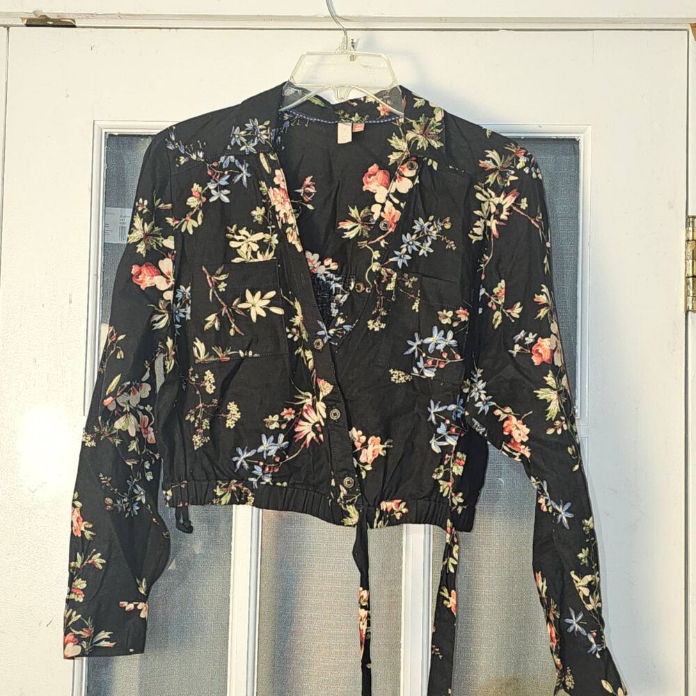 Pilcro Anthropologie Womens Black Floral Tie Waist Crop Shirt Blouse XS